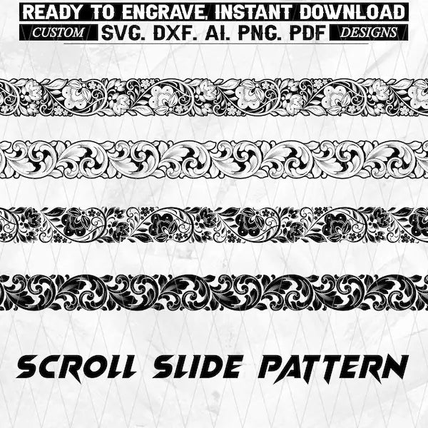 Floral Scroll Laser Engraving Pattern, Vector Slide Border (Digital Download - svg, dxf, ai, png, pdf)